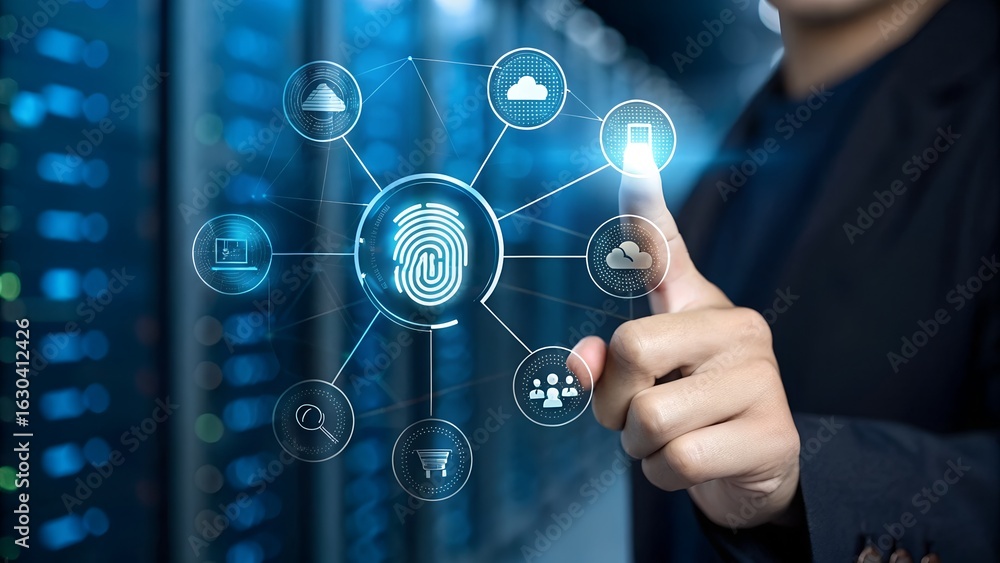 Fototapeta premium Fingerprint scanning interface with digital icons in a blue setting silhouette