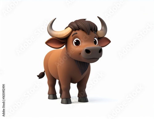 Cute cartoon bison character with large eyes and friendly expression, detailed 3D animated style, perfect for children's books or educational content