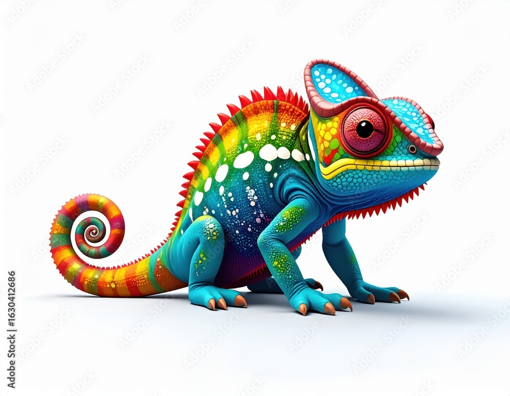 Fototapeta premium Vibrant Rainbow Chameleon Gecko with Bright Colors and Spiky Texture Showcasing Nature's Camouflage and Unique Pattern on White Background