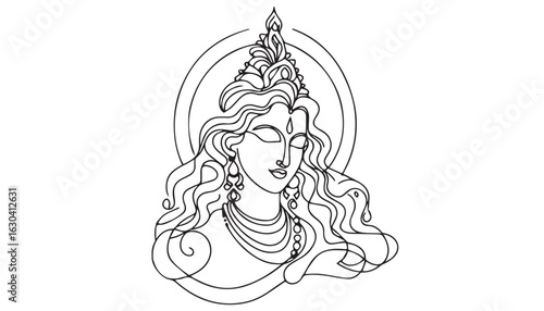 Continuous one single minimal line drawing lord shiva