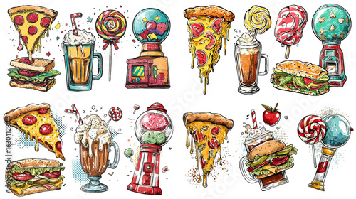 Playful hand-drawn fast food and candy icons including pizza, burgers, gumballs, and milkshakes in vibrant sketch style for food packaging or fun designs.

