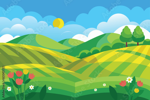 Sunny Day Countryside Field Vector

