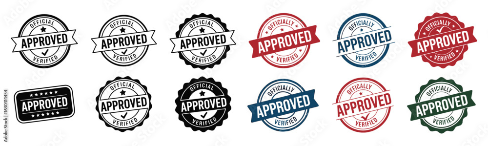 Fototapeta premium Assortment of Approved and Verified rubber stamps and seals in various colors vector