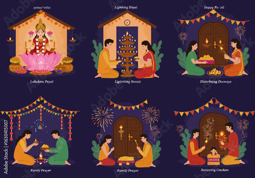 Collection of illustrations depicting an Indian family's Diwali celebration with various traditional activities like puja and lighting diyas