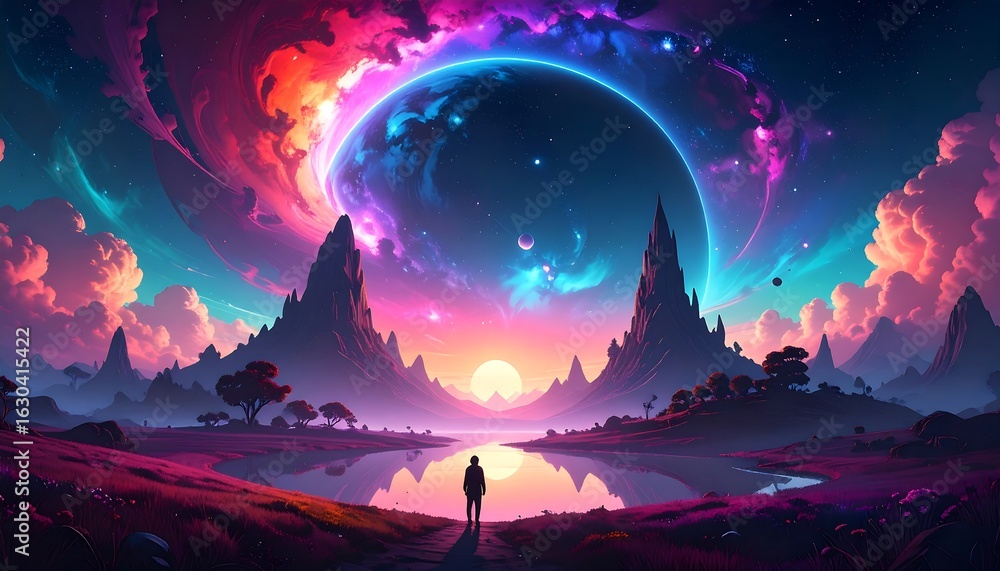 Fototapeta premium A lone figure gazes upon a vibrant, alien landscape at sunset, with a massive, colorful planet dominating the sky