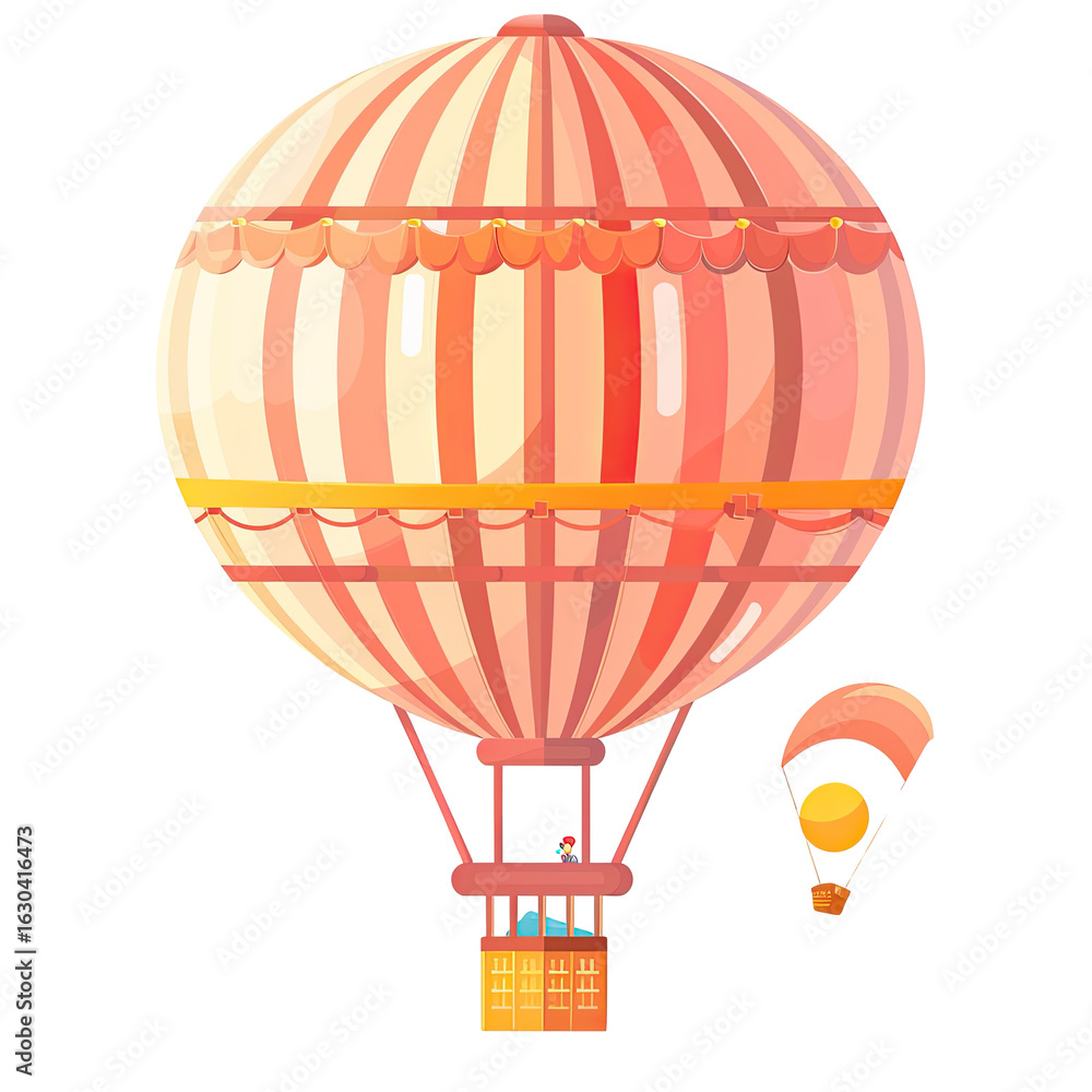 Naklejka premium Pink striped hot air balloon with passenger basket