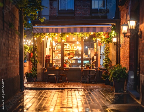 Small Coffee Shop in Narrow Alley at Night  