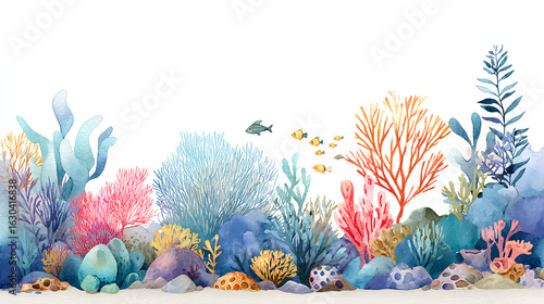 Fototapeta Naklejka Na Ścianę i Meble -  Watercolor seabed landscape with cartoon sea characters, submarine, seaweeds, plants, coral reef, sea sponges and small fishes. Panoramic hand drawn marine border for your design cover or cute mural. 