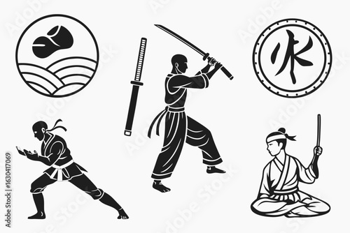 Japanese Martial Arts Silhouettes with Katana and Symbols.