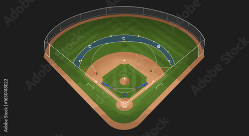 Detailed baseball field diagram showcasing dimensions and field markings, ideal for sports analysis or educational resources in a stadium or park environment