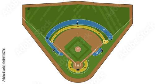 Detailed baseball field diagram showing distances and positions, perfect for coaching, strategy, or educational materials, an engaging visual for sports enthusiasts