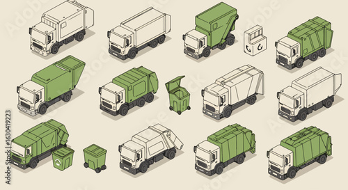 Isometric green and white garbage trucks and trash cans ready for a sustainable urban cleaning project, perfect for city planning or waste management designs