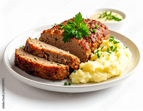Juicy flavorful meatloaf with herbs and spices topped with fresh parsley served with creamy mashed potatoes and side of herb gravy in a white plate