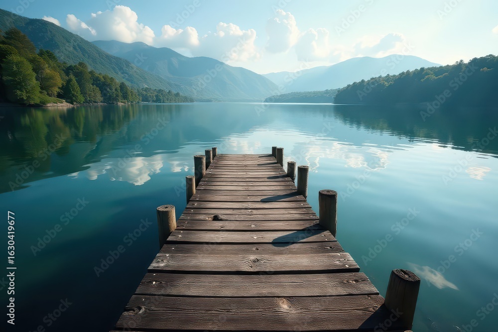 Fototapeta premium Weathered wooden dock on a tranquil lake with subtle grainy texture, tranquility, peaceful scenery, calm waters