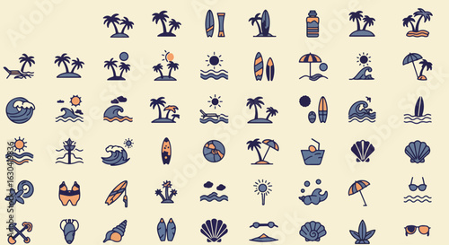 Dreaming of a tropical getaway? Find vibrant summer vacation vibes with these charming beach icons, perfect for modern travel designs and seaside adventures