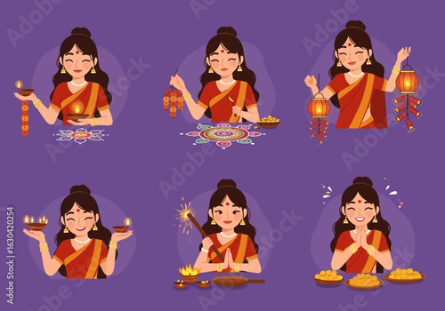 A beautiful set of illustrations of a woman in a saree celebrating the Indian festival of Diwali with diyas and sweets.