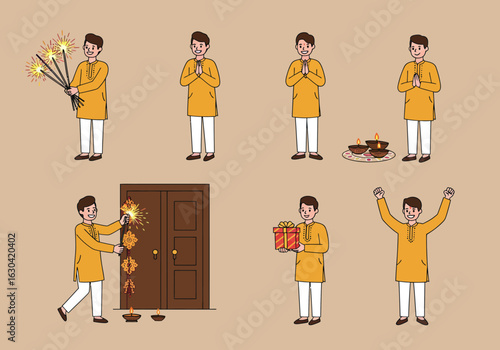 Character set of an Indian man in traditional kurta celebrating the Diwali festival of lights with various activities