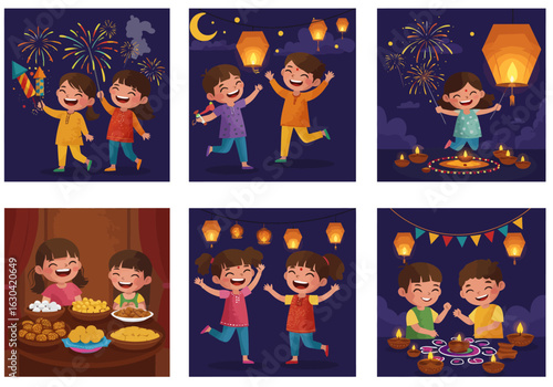 A collection of six illustrations depicting joyful Indian children celebrating the Diwali festival of lights with fireworks, lanterns, and sweets.