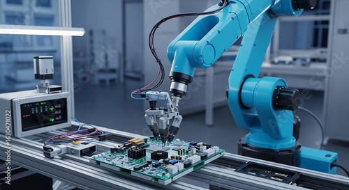 Robotic arm precisely placing components on a circuit board.