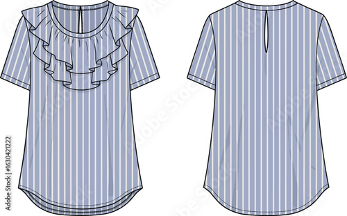 Striped ruffle girls top with short sleeves, back keyhole detail, lightweight summer blouse perfect for casual and everyday wear