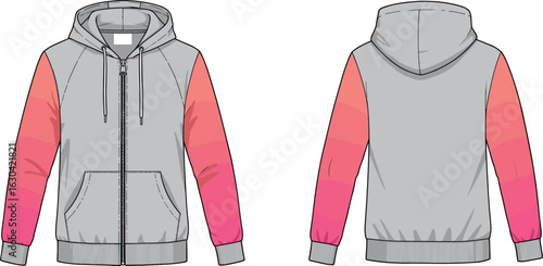 PrintStylish zip-up hoodie with gradient pink sleeves, front pockets, drawstring hood, casual streetwear for women, men, youth, fashion lovers