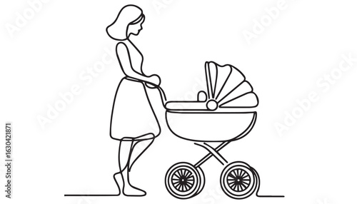 Continuous one single minimal line drawing baby carriage