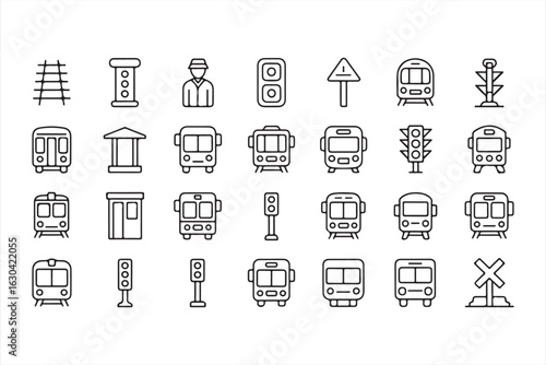 Set of Transport and Traffic Icons, Train, Bus, Signal, Stop, Train Station, Outline Illustrations