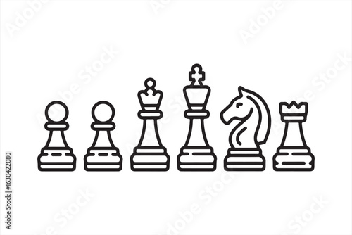 Outline Chess Pieces: Rook, Knight, King, Queen, Pawn, Icons