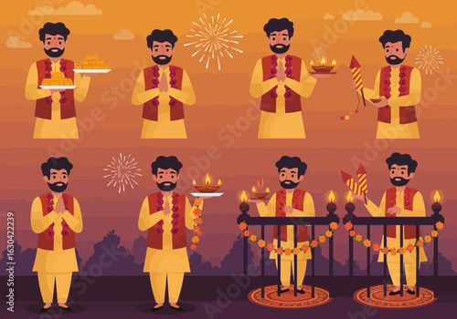 A character set of an Indian man in traditional attire celebrating the Diwali festival with diyas, sweets, and fireworks.