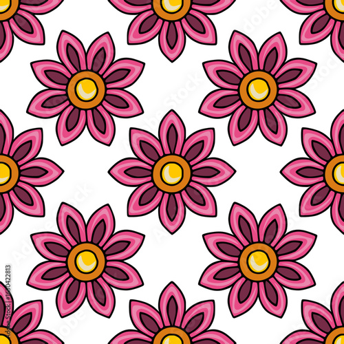 Seamless vector pattern with stylized pink and orange flowers, featuring a vibrant, hand-drawn aesthetic and intricate petal layering for a unique textile or wallpaper design.