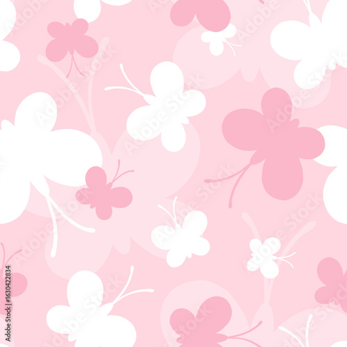 Butterfly seamless pattern. Repeating cute butterflys. Pink background. Buterfly patern. Butterflies print. Repeated flowers design. Baby girl textile. Repeat simple girly prints. Vector illustration