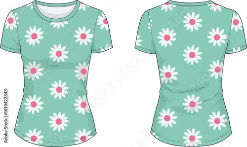 Floral printed women’s t-shirt with daisy pattern, round neck, short sleeve, casual slim fit top, front and back view