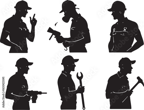Workers with tools, silhouettes showing construction, repair, and service trades