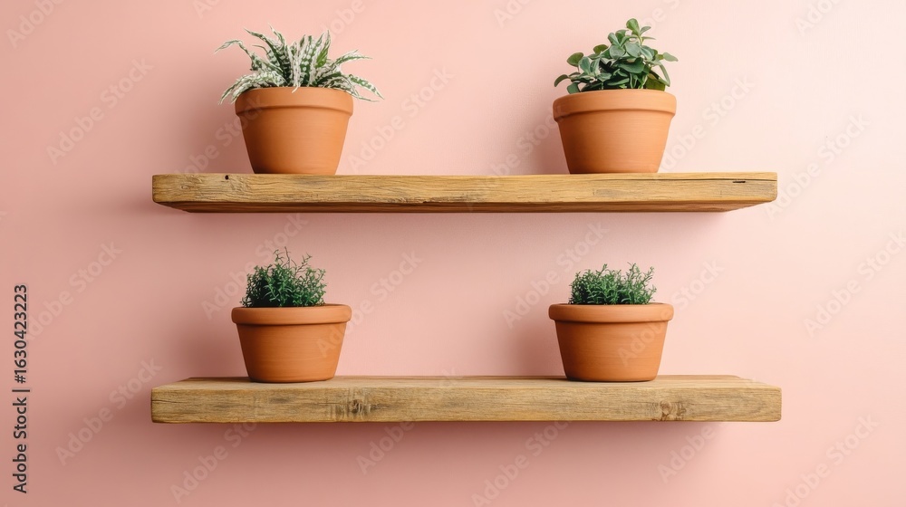 Fototapeta premium Rustic Shelves with Potted Plants on Pink Wall - Home Decor , Interior design
