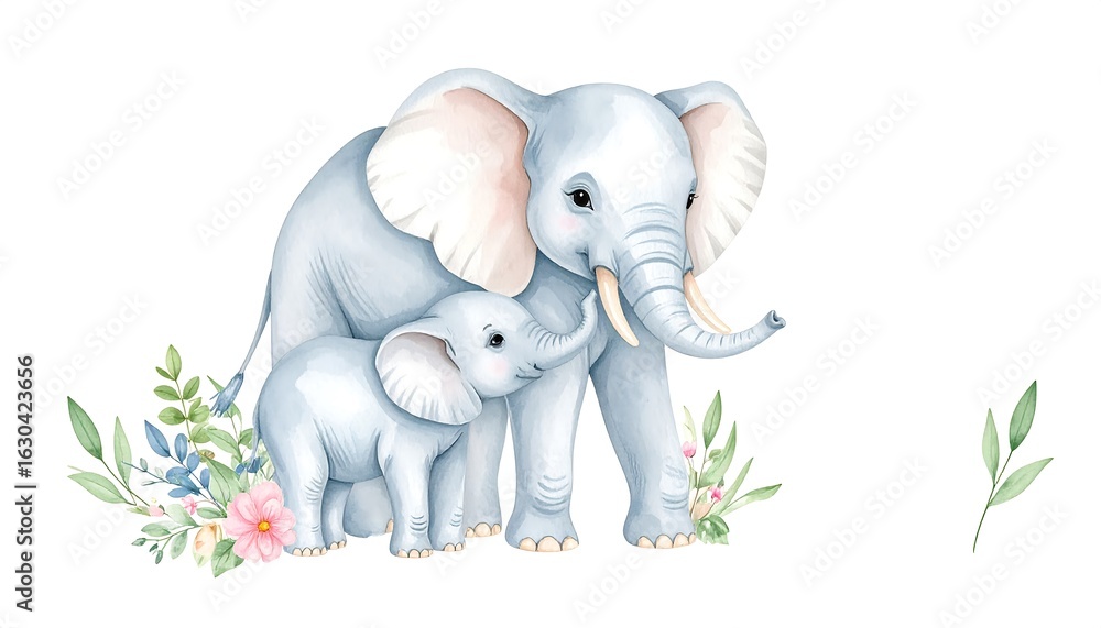 Fototapeta premium Cute elephants with flowers