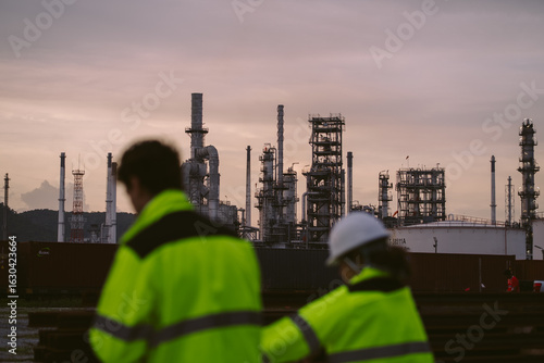 Cuadro en lienzo Two industrial workers, wearing high-visibility jackets, focus on background of refinery factory, Power plant infrastructure, chemical industry, energy sector