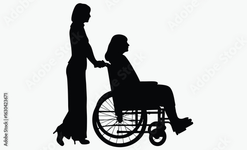 Woman in wheelchair, side profile, sitting pose, woman silhouette wheelchair furniture.