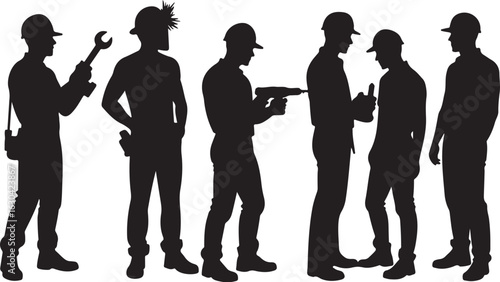 Construction workers in silhouette, ready for work with tools at hand