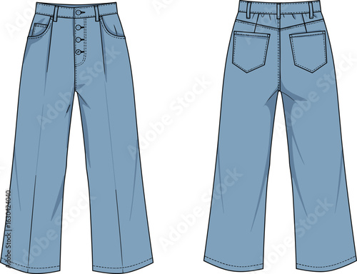 High waist wide leg blue jeans with front button fly, CAD flat sketch, front and back fashion vector illustration