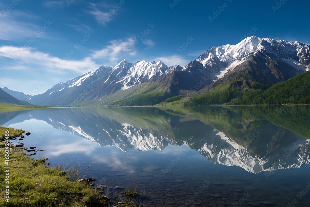 Fototapeta premium Serene mountain lake reflecting snow-capped peaks.