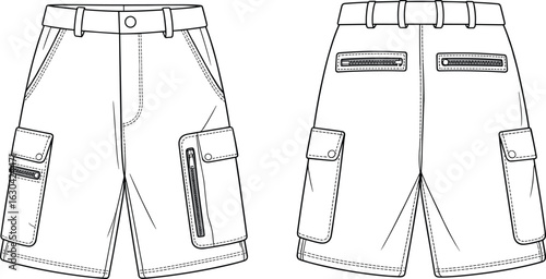 Cargo Shorts Front Back View, Technical Fashion Drawing, Belt Loop Design, Button Waist Closure, Zipper and Flap Pockets, Garment Template Sketch, Clothing Blueprint Illustration.