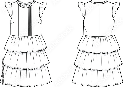 Flat CAD vector illustration of tiered ruffle girls dress with pleated bodice, flutter sleeves, and back zipper, technical fashion sketch.