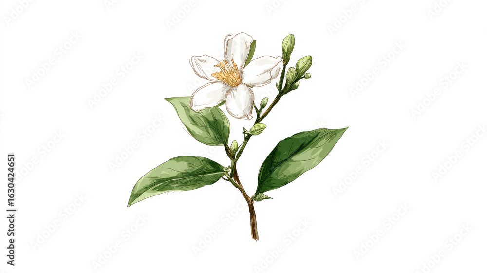 Obraz premium Watercolor painting of jasmine flower, isolated on a white background, jasmine flower vector, drawing clipart, Illustration Vector, Graphic Painting, design art, logo