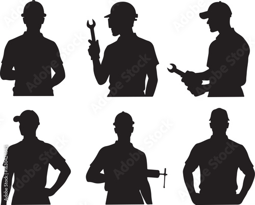 Craftsmen silhouettes with tools ready for construction and repairs