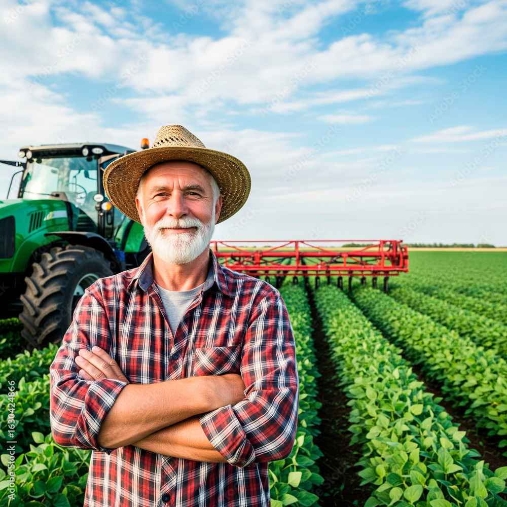 Fototapeta premium Experienced Farmer and New Tractor in a Soybean Field