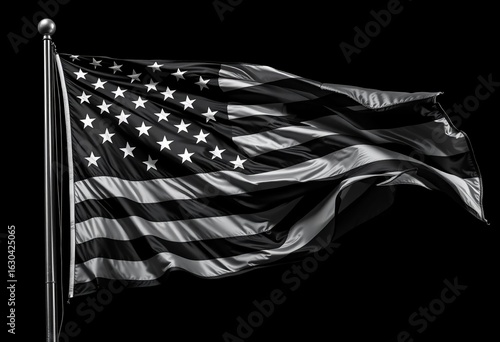 Black and white American flag waving against black background