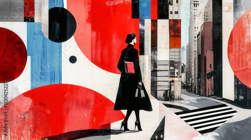 Collage-style abstract artwork featuring cut-out silhouettes of top models set against New York and London cityscapes. A bold blend of modern minimalism, lino print textures, 