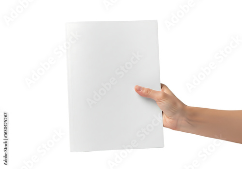 A hand holding a blank white booklet or brochure mockup for design presentation. Isolated on transparent background, png