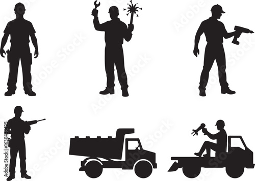 Construction workers repair trucks with power tools silhouettes