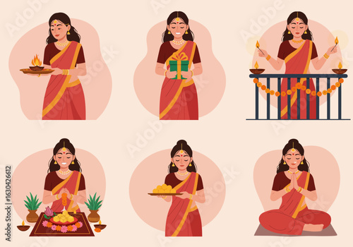Character set of a beautiful Indian woman celebrating a traditional festival with various cultural activities concept.
